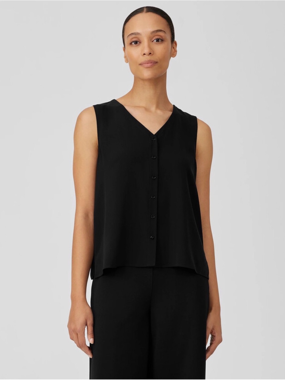 Eileen Fisher Silk Georgette Crepe V-Neck Top in Black
